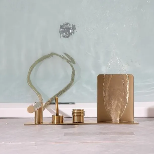 Bathtub Faucet,Brass Brushed Gold/Black Wall Installation Waterfall Included Handshower of Spray Type Bath Shower Mixer Taps with Hot and Cold Water