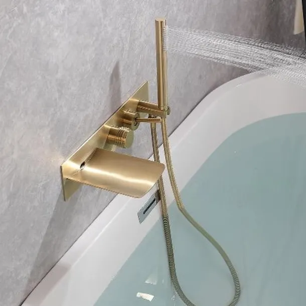 Bathtub Faucet,Brass Brushed Gold/Black Wall Installation Waterfall Included Handshower of Spray Type Bath Shower Mixer Taps with Hot and Cold Water