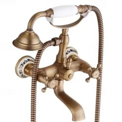 Bathtub Filler Cold/Hot Water Mixer Clawfoot Antique Copper Finish Wall Mount Tub Filler with Hand Held Shower Faucet 2 Cross Handles with Tub Spout Vintage Style