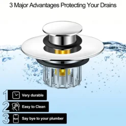 Bathtub Stopper Shower Drain Hair Catcher, Pop-up Tub Stopper with Strainer Bathroom Drain Plug Drain Protector for 1-1/2 to 1-3/4