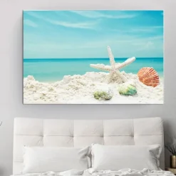 Beach Seascape Wall Art Canvas Painting Shell Sea Wall Art Starfish Seashells Wall Pictures Poster for Living Room Bedroom Office Decor No Frame