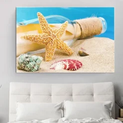 Beach Seascape Wall Art Canvas Painting Shell Sea Wall Art Starfish Seashells Wall Pictures Poster for Living Room Bedroom Office Decor No Frame