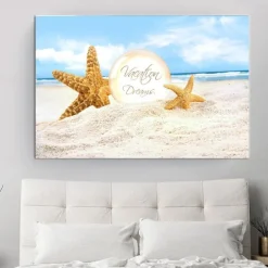 Beach Seascape Wall Art Canvas Painting Shell Sea Wall Art Starfish Seashells Wall Pictures Poster for Living Room Bedroom Office Decor No Frame
