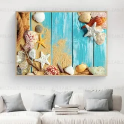 Beach Seascape Wall Art Canvas Painting Shell Sea Wall Art Starfish Seashells Wall Pictures Poster for Living Room Bedroom Office Decor No Frame