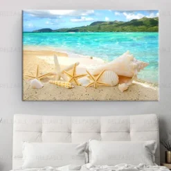 Beach Seascape Wall Art Canvas Painting Shell Sea Wall Art Starfish Seashells Wall Pictures Poster for Living Room Bedroom Office Decor No Frame