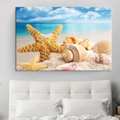 Beach Seascape Wall Art Canvas Painting Shell Sea Wall Art Starfish Seashells Wall Pictures Poster for Living Room Bedroom Office Decor No Frame