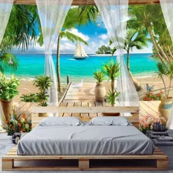Beach Theme Hanging Tapestry Wall Art Large Tapestry Mural Decor Photograph Backdrop Blanket Curtain Home Bedroom Living Room Decoration