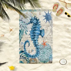 Beach Towel Quick-Drying Vintage Seahorse Sea Turtle Soft Microfiber Sand Pool Bath Outdoor Travel Towel Camping Swimming Yoga Sports Girls Women Men Adults