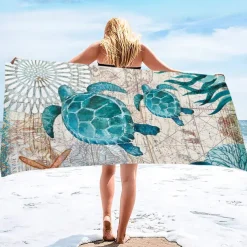 Beach Towel Quick-Drying Vintage Seahorse Sea Turtle Soft Microfiber Sand Pool Bath Outdoor Travel Towel Camping Swimming Yoga Sports Girls Women Men Adults