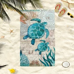 Beach Towel Quick-Drying Vintage Seahorse Sea Turtle Soft Microfiber Sand Pool Bath Outdoor Travel Towel Camping Swimming Yoga Sports Girls Women Men Adults
