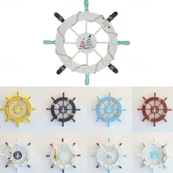 Beach Wooden Boat Ship Steering Wheel Wall Accent Wall Hanging Door Hanging Ornament Wall Decor Home Decoration 28*28CM