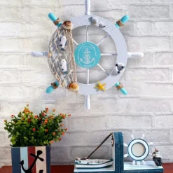 Beach Wooden Boat Ship Steering Wheel Wall Accent Wall Hanging Door Hanging Ornament Wall Decor Home Decoration 28*28CM
