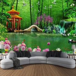 Beautiful Green Wall Tapestry Bamboo Wooden Bridge Plants Natural Scenery Art Decoration Carpet Curtain Hanging Home Bedroom Living Room Decoration