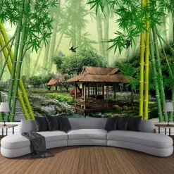Beautiful Green Wall Tapestry Bamboo Wooden Bridge Plants Natural Scenery Art Decoration Carpet Curtain Hanging Home Bedroom Living Room Decoration