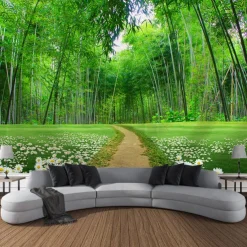 Beautiful Green Wall Tapestry Bamboo Wooden Bridge Plants Natural Scenery Art Decoration Carpet Curtain Hanging Home Bedroom Living Room Decoration