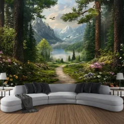 Beautiful Lake Waterfall Plant Landscape Hanging Tapestry Wall Art Large Tapestry Mural Decor Photograph Backdrop Blanket Curtain Home Bedroom Living Room Decoration