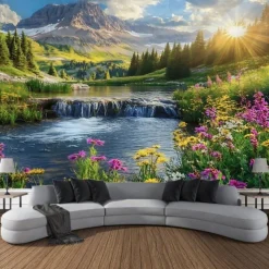 Beautiful Lake Waterfall Plant Landscape Hanging Tapestry Wall Art Large Tapestry Mural Decor Photograph Backdrop Blanket Curtain Home Bedroom Living Room Decoration