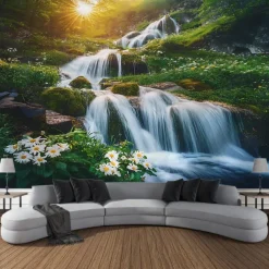 Beautiful Lake Waterfall Plant Landscape Hanging Tapestry Wall Art Large Tapestry Mural Decor Photograph Backdrop Blanket Curtain Home Bedroom Living Room Decoration