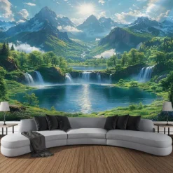 Beautiful Lake Waterfall Plant Landscape Hanging Tapestry Wall Art Large Tapestry Mural Decor Photograph Backdrop Blanket Curtain Home Bedroom Living Room Decoration
