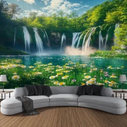 Beautiful Lake Waterfall Plant Landscape Hanging Tapestry Wall Art Large Tapestry Mural Decor Photograph Backdrop Blanket Curtain Home Bedroom Living Room Decoration