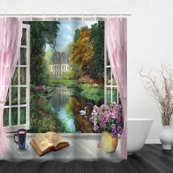 Beautiful Landscape Nature Landscape Print Waterproof Shower Curtain Modern Polyester Machined Waterproof Bathroom With Hooks