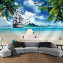 Beautiful Sea Hanging Tapestry Ocean Beach Wall Art Large Tapestry Mural Decor Photograph Backdrop Blanket Curtain Home Bedroom Living Room Decoration