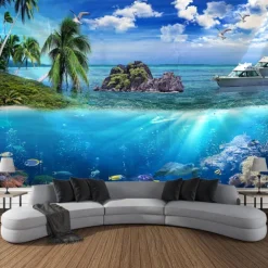 Beautiful Sea Hanging Tapestry Ocean Beach Wall Art Large Tapestry Mural Decor Photograph Backdrop Blanket Curtain Home Bedroom Living Room Decoration
