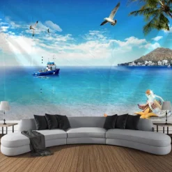 Beautiful Sea Hanging Tapestry Ocean Beach Wall Art Large Tapestry Mural Decor Photograph Backdrop Blanket Curtain Home Bedroom Living Room Decoration