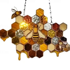 Bee Honeycomb Stained Honeybee Window Hangings Ornament Suncatcher, Beehive Stained Panel Handcrafted Modern Sunflower Stained Window Hangings Colorful Bee Pendant Art Ornaments