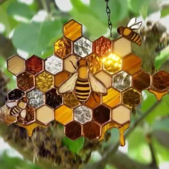 Bee Honeycomb Stained Honeybee Window Hangings Ornament Suncatcher, Beehive Stained Panel Handcrafted Modern Sunflower Stained Window Hangings Colorful Bee Pendant Art Ornaments
