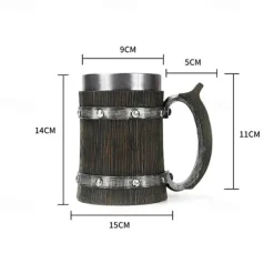 Beer Mugs, Nordic Viking Rune Beer Glasses Large Oak Beer Mug Coffee Mug with Stainless Steel Wood Resin 3D, Mugs for Men, Father's Day Gift