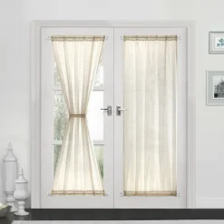 Beige French Door Curtains Faux Linen Sheer Voile Drapes Sunlight Filtering Protect Privacy Sidelight Curtains for Siding Glass Door Including Tieback