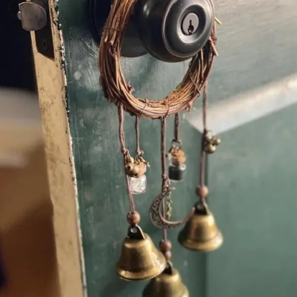 Bells for Door Knob for Protection, Witch Wind Chimes Door Hanger, Handmade Rattan Wind Chimes Witch Decor, Protection Witchcraft Home Decor-1pcs