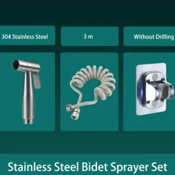 Bidet Sprayer Set No Drilling Bracket for Toilet Stainless Steel Head and Hose 1.5m/3m, Wall Mounted Handlheld Spray, Shattaf Diaper Cleaning for Personal Hygiene