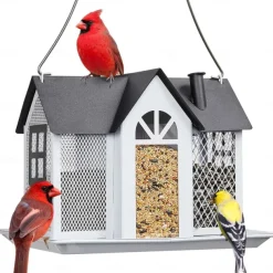 Bird Feeder House for Outside, Metal Mesh Wild Bird Feeder with Triple Feeders for Finch Cardinal Chickadee, Large Capacity, Weatherproof and Durable