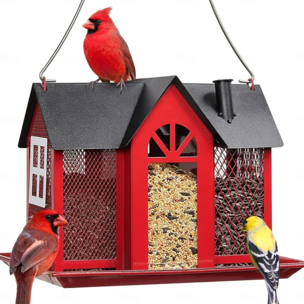 Bird Feeder House for Outside, Metal Mesh Wild Bird Feeder with Triple Feeders for Finch Cardinal Chickadee, Large Capacity, Weatherproof and Durable