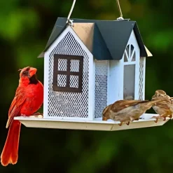 Bird Feeder House for Outside, Metal Mesh Wild Bird Feeder with Triple Feeders for Finch Cardinal Chickadee, Large Capacity, Weatherproof and Durable
