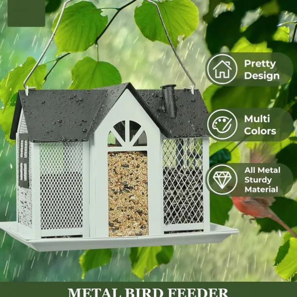 Bird Feeder House for Outside, Metal Mesh Wild Bird Feeder with Triple Feeders for Finch Cardinal Chickadee, Large Capacity, Weatherproof and Durable