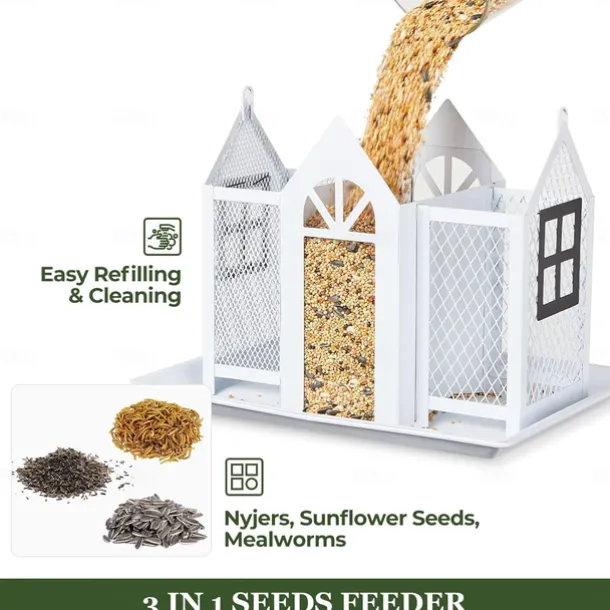 Bird Feeder House for Outside, Metal Mesh Wild Bird Feeder with Triple Feeders for Finch Cardinal Chickadee, Large Capacity, Weatherproof and Durable