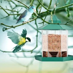 Bird Feeder, Plastic Hanging Wild Bird Feeder for Outdoor Garden Yard Patio Backyard Decoration, Hexagon Shaped with Roof