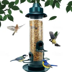 Bird Feeders for Outdoors Hanging Squirrel Proof Bird Feeders for Outdoors Large Tube Bird Feeder with 4 Feeding Ports Bird Seed Feeder with Hook and Food Tray Attract Multiple Birds