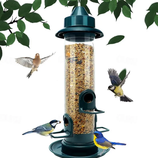 Bird Feeders for Outdoors Hanging Squirrel Proof Bird Feeders for Outdoors Large Tube Bird Feeder with 4 Feeding Ports Bird Seed Feeder with Hook and Food Tray Attract Multiple Birds