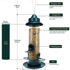 Bird Feeders for Outdoors Hanging Squirrel Proof Bird Feeders for Outdoors Large Tube Bird Feeder with 4 Feeding Ports Bird Seed Feeder with Hook and Food Tray Attract Multiple Birds