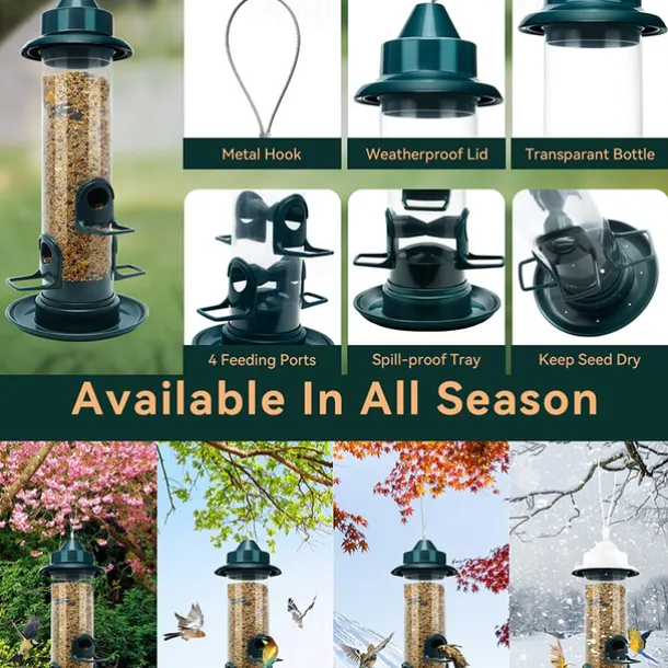 Bird Feeders for Outdoors Hanging Squirrel Proof Bird Feeders for Outdoors Large Tube Bird Feeder with 4 Feeding Ports Bird Seed Feeder with Hook and Food Tray Attract Multiple Birds