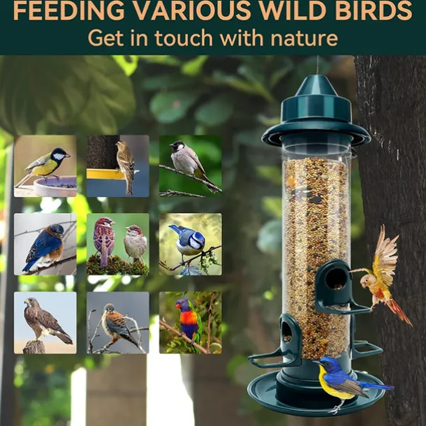 Bird Feeders for Outdoors Hanging Squirrel Proof Bird Feeders for Outdoors Large Tube Bird Feeder with 4 Feeding Ports Bird Seed Feeder with Hook and Food Tray Attract Multiple Birds