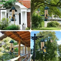 Bird Feeders for Outdoors Hanging Squirrel Proof Bird Feeders for Outdoors Large Tube Bird Feeder with 4 Feeding Ports Bird Seed Feeder with Hook and Food Tray Attract Multiple Birds