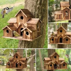 Bird House for Outside, 6 Holes Handmade Wooden Bird House, Retro Villa Style Large Bird House for Outside Birds, Backyard Patio Decorations