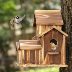 Bird House for Outside, 6 Holes Handmade Wooden Bird House, Retro Villa Style Large Bird House for Outside Birds, Backyard Patio Decorations