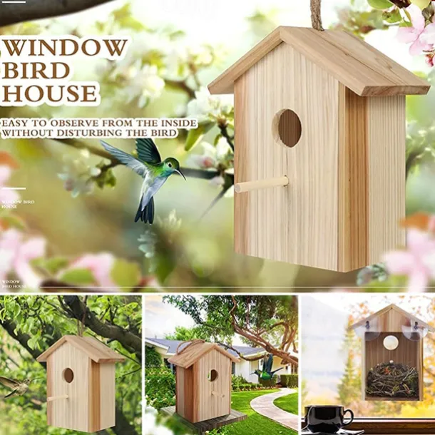 Bird House with Strong Suction Cups and lanyards for Outdoor use - See-Through Environmentally Friendly Wooden Bird nestBird Nest Transparent Design for Easy Observation
