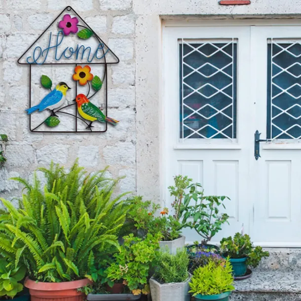 Bird Metal Wall Decor Welcome Sign, 13" Bird Flower Wall Art Front Door Outdoor Decorations, Hanging for Home Garden Yard Fence Backyard Spring Decor